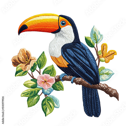 Toucan bird isolated on transparent background with embroidery pattern.