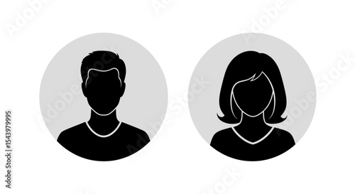 Male and Female Black Silhouette Icons in Gray Circles on White