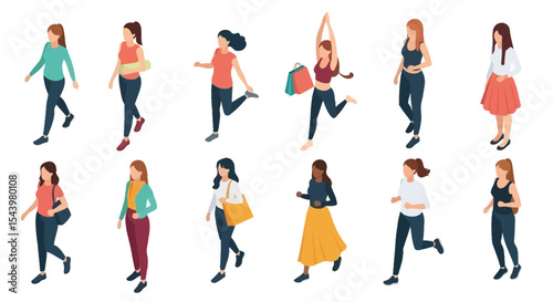 Ten Diverse Women in Isometric Poses: Walking, Shopping, Running, and Yoga