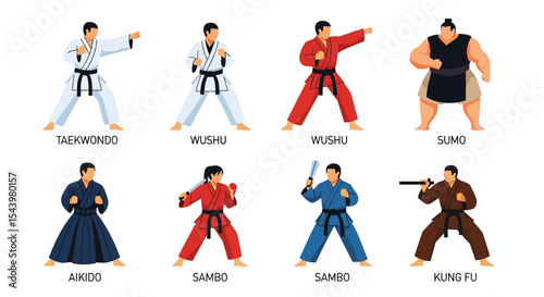 Vector Illustrations of Martial Arts Practitioners in Various Poses and Uniforms