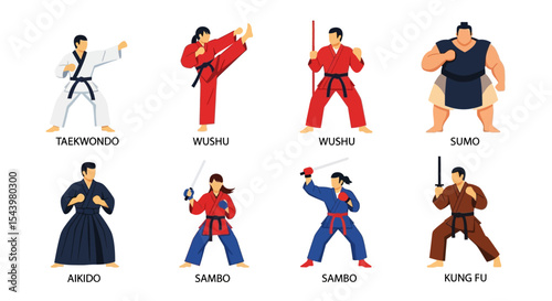 Colorful Martial Arts Styles: Taekwondo, Wushu, Sumo, Aikido, Sambo, and Kung Fu
