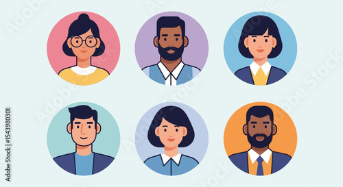 Diverse Cartoon People Avatars in Circles, Flat Design, Modern Style