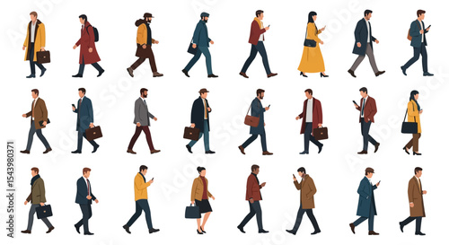 Diverse People Walking in Autumnal Clothing, Using Smartphones and Carrying Briefcases