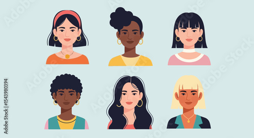 Diverse Women's Portraits: Vector Illustrations of Various Hairstyles and Skin Tones