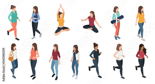 Diverse Women in Various Active and Relaxed Poses, Colorful Outfits