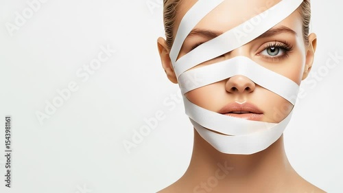Contemplative woman with white face tape, conceptual art, identity, beauty standards, introspection