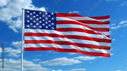 Waving American flag against clear blue sky with dynamic clouds in daylight