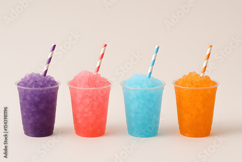Colorful slushies in plastic cups with striped straws closeup isolated on white background frozen sweet drinks