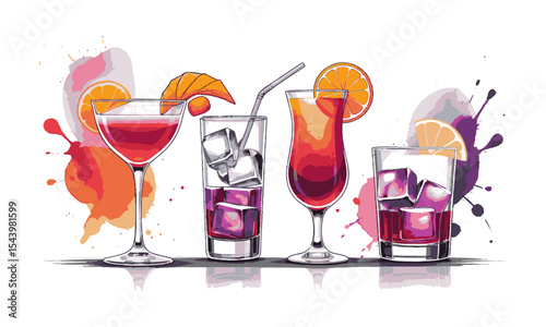 Modern vector illustration of artistic cocktail drinks glasses arranged in a single horizontal row, with ice cubes and orange garnish in different glass styles, easily editable.