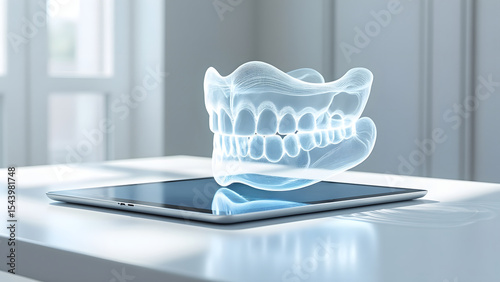 Glowing digital 3D dental jaw model floating above tablet on bright white table in modern room with soft natural light