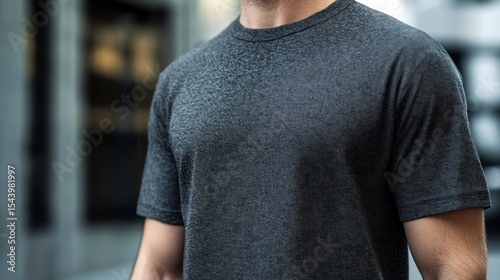 Close-up of a Man Wearing a Charcoal Grey Heather T-Shirt