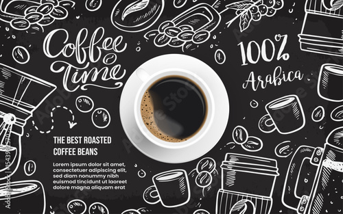 Realistic coffee background with drawings