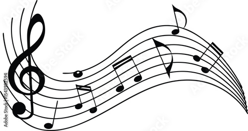 Musical notes treble clef staff flowing design isolated on white background