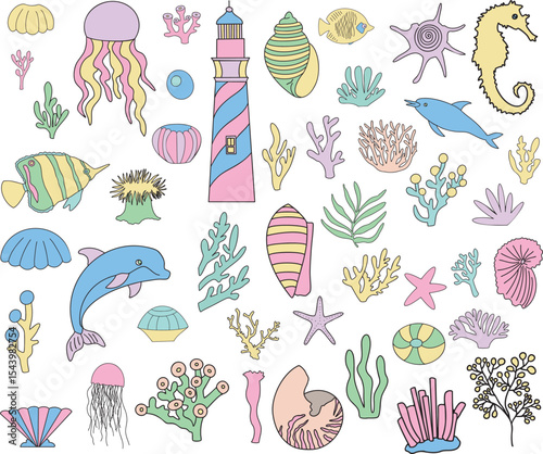 Set of sea life animals Colorful vector illustration Hand-drawn cartoon characters  Great for childrens book, greeting cards, educational material, kids party invitations	
