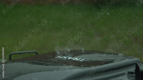 Trash can with rain landing and splashing, taken at 1200 frames per second slow motion.
