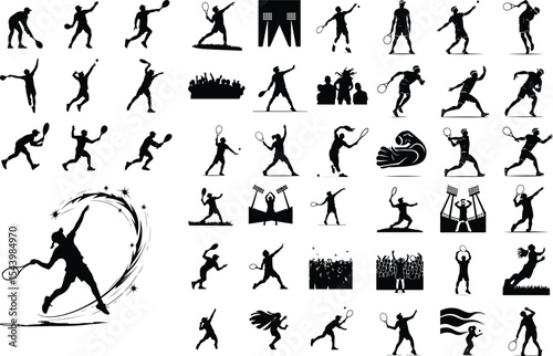 Tennis Player Serving Icon Silhouette Set – Sport Action Vector Pack Silhouette of Tennis Serve – Athlete Pose Icon Collection