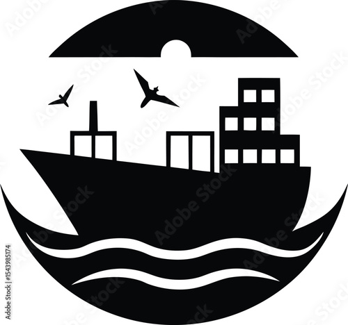 Cargo ship sailing silhouette vector illustration