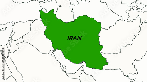 Vector Style map of the Middle East with Iran highlighted in green and labeled with its name, clean and minimal geopolitical style