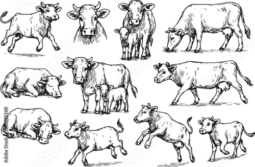 Collection of hand-drawn cows in various poses