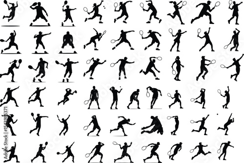 Tennis Player Serving Icon Silhouette Set – Sport Action Vector Pack Silhouette of Tennis Serve – Athlete Pose Icon Collection