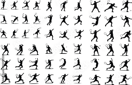 Tennis Player Serving Icon Silhouette Set – Sport Action Vector Pack Silhouette of Tennis Serve – Athlete Pose Icon Collection
