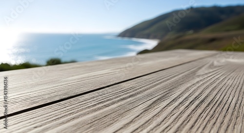 Perspective View of Wooden Plank Surface with Bright Coastal Background Generative AI