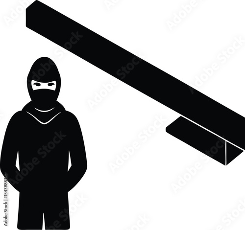 Masked figure near beam silhouette vector illustration