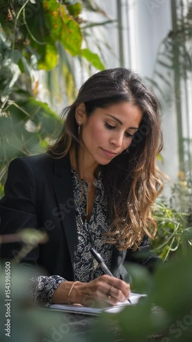 A woman is deeply focused on writing in a serene indoor garden. Surrounded by rich greenery and natural light, she embraces a calm atmosphere while expressing her thoughts on paper
