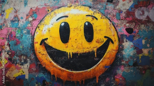 Vibrant Smiley Face Graffiti Art: Bold Urban Street Art with Cheerful Expression