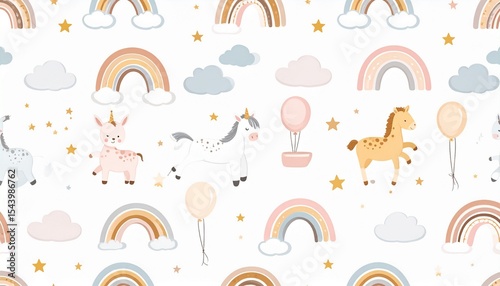 Seamless playful wallpaper for toddler's room.A seamless, colorful wallpaper design featuring cute and cheerful elements, perfect for creating a joyful and stimulating atmosphere in a toddler’s room. 