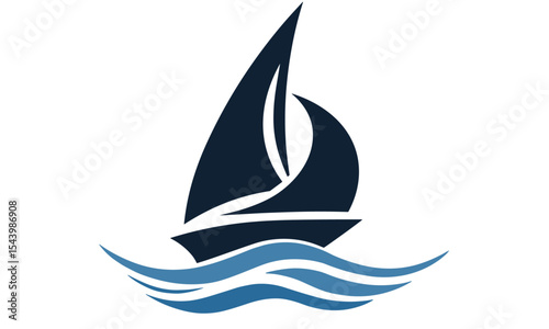 Blue sailing boat logo, abstract sailboat icon on waves, vector illustration, ocean transport, sea journey, marine travel, nautical design, sailing emblem, ship symbol, yacht logo.