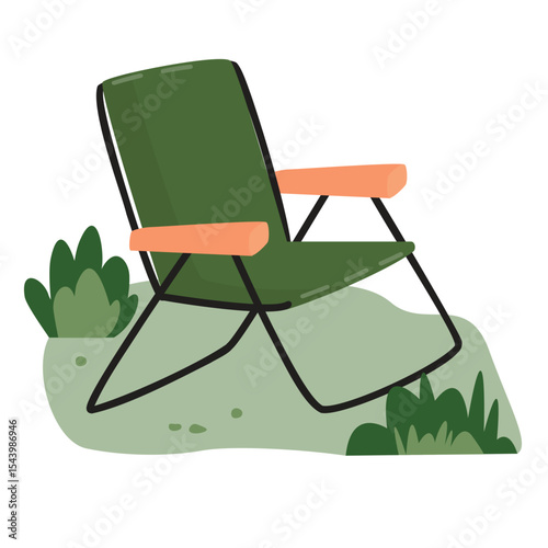 Camping folding chair on a lawn with plants. Cartoon illustration with outdoor recreation equipment. Vector design on white background. Comfortable pastime in nature concept. For use in banner, card.