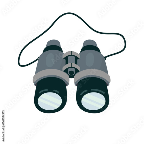 Binoculars for tourism. Hand-held optical instrument consisting of two connected tubes for viewing distant objects with both eyes. Vector design isolated on white. Cartoon illustration.