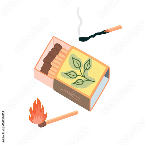 Matches in a box, burning and extinguished. Wooden sticks with heads made of flammable substance used to produce fire. Cartoon objects isolated on white background. Vector illustration.