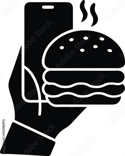 Hand holding phone with burger silhouette vector illustration