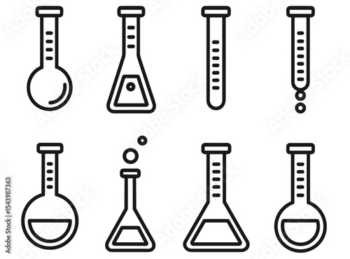 Chemical test tubes icons, laboratory glassware, science experiment symbols, medical research, chemistry tools, vector illustration, chemical analysis, lab equipment, science icon set.