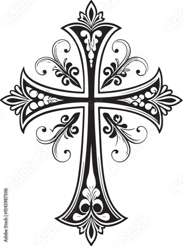 Ornate Cross Vector Illustration, Sketch Drawing Line Linear Symbol Icon Engraving Coloring Book, Hand-drawn Black and White Isolated