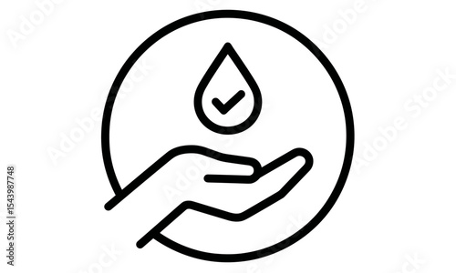 Dermatologically tested icon, hand with water drop, allergy free skin care concept, dermatology test label, vector illustration, clean skin, cosmetic symbol, clinic, png.