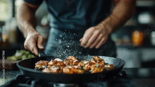 A chef skillfully preparing a delectable dish on a warm stovetop, highlighting the art of cooking with engaging textures and inviting colors that evoke culinary passion.