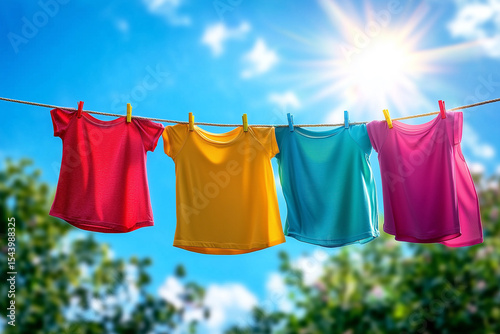 Colorful laundry hanging on a clothesline against a bright blue sky