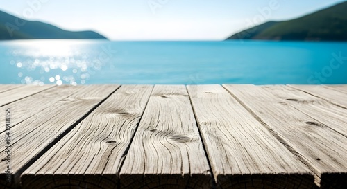 Distressed Wooden Surface with Blurry Blue Ocean and Distant Mountains Background Generative AI