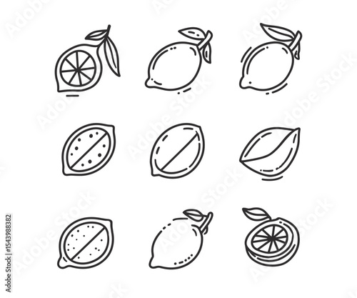 Lemon vector illustration, juicy lemon slice, yellow citrus icons, organic whole fruit, vegetarian food, tropical citrus, healthy summer fruit, cooking ingredient, cutout design.