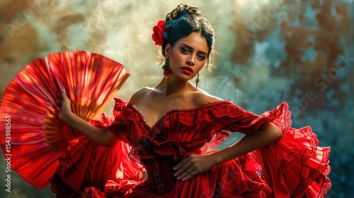 Spanish flamenco dancer in red ruffled dress, holding a fan, colorful and elegant, festive atmosphere, expressive dance art.