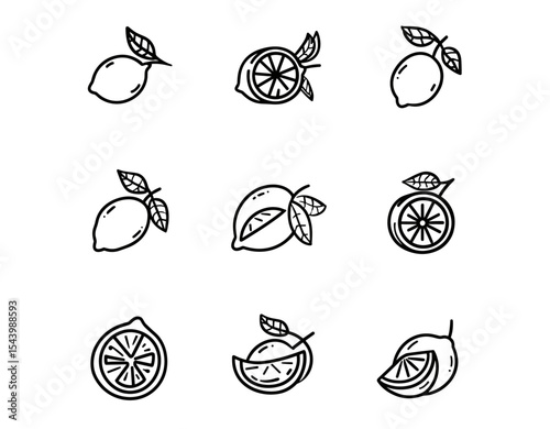 Lemon icon vector illustration set, fresh lemon fruits, juicy slice, whole citrus, ripe lemon, organic fruit, vegetarian ingredient, summer element, healthy food, vector illustration.
