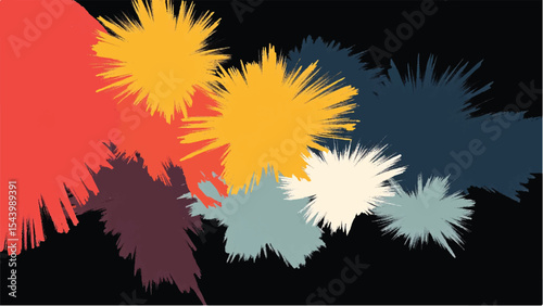 Abstract Colorful Paint Splatters in Multiple Shades on Black Background. Colorful Paint Splash Illustration.