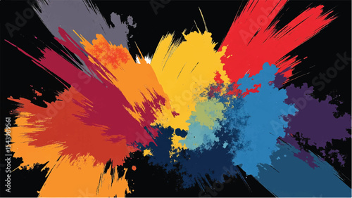 Abstract Colorful Paint Splatters in Multiple Shades on Black Background. Colorful Paint Splash Illustration.