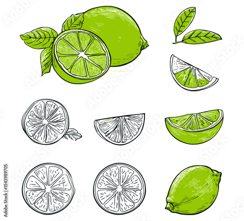 Lime fruits with slices and leaves, whole and cut lime, citrus half and wedge, green lime icons set, vector illustration, tropical fruit, citrus collection, fresh juicy lime.