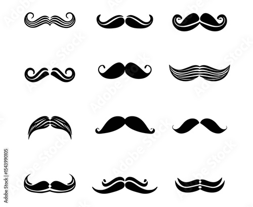 Old fashioned mustache icons. Vintage grooming styles, facial hair collection for men’s style concepts, black silhouette, vector illustration, classic theme, png.