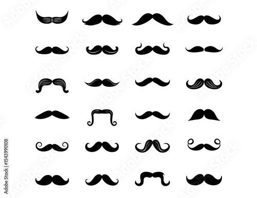 Mustache icon set. Old style black mustaches in various shapes, hipster style, facial hair silhouette, grooming element, barbershop theme, vector illustration, cutout.