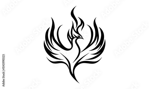Flaming phoenix bird, fire logo design, mythological bird vector illustration, blazing wings emblem, flying creature icon, hot flame symbol, legendary animal, cutout.